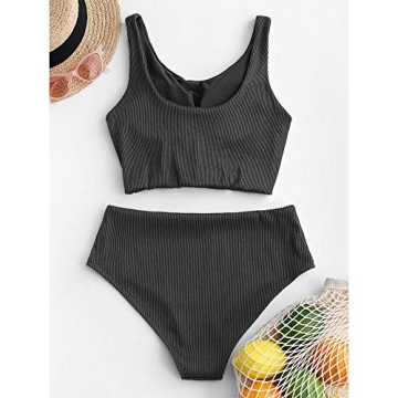 ZAFUL Women's Knot Textured Ribbed Scoop Neck Bikini Set High Waisted Two Piece Swimsuits Tankini R-Black