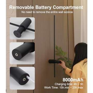 Battery Operated Wall Sconce Set of Two, USB Rechargeable LED Wall Lights with Remote Control, Dimmable Cordless Wall Lamp Indoor, 360° Rotation Reading Lamp for Living Room, Bedroom, Black - 24In