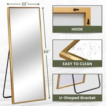 NeuType Full Length Mirror Standing Hanging or Leaning Against Wall, Large Rectangle Bedroom Mirror Floor Mirror Dressing Mirror Wall-Mounted Mirror, Aluminum Alloy Wide Frame, Titanium Gold, 65"x22"