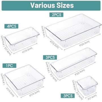 WOWBOX 13 PCS Clear Plastic Drawer Organizer Set, 5 Sizes Desk Drawer Divider Organizers and Storage...