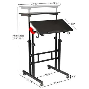 SIDUCAL Mobile Standing Desk, Portable Stand Up Desk, Small Adjustable Standing Desk Converter with Wheels Home Office Workstation, Rolling Desk Laptop Cart for Standing or Sitting, Black