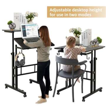 SIDUCAL Mobile Standing Desk, Portable Stand Up Desk, Small Adjustable Standing Desk Converter with Wheels Home Office Workstation, Rolling Desk Laptop Cart for Standing or Sitting, Black