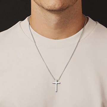 IEFSHINY Stainless Steel Cross Necklaces for Men Easter Gifts - Silver Cross Small Pendant Chain Nec...