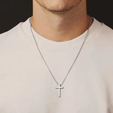 IEFSHINY Stainless Steel Cross Necklaces for Men Easter Gifts - Silver Cross Small Pendant Chain Nec...