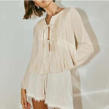 Ngdcseo Women Blouse-Long Sleeve Boho Pleated Front Tie Solid Loose Fit Casual Tie Knot Y2k Lace Up ...