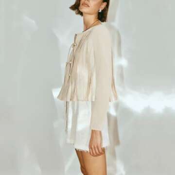 Ngdcseo Women Blouse-Long Sleeve Boho Pleated Front Tie Solid Loose Fit Casual Tie Knot Y2k Lace Up Bow Going Out Top (US, Alpha, Small, Regular, Regular, Apricot)