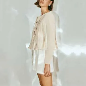 Ngdcseo Women Blouse-Long Sleeve Boho Pleated Front Tie Solid Loose Fit Casual Tie Knot Y2k Lace Up Bow Going Out Top (US, Alpha, Small, Regular, Regular, Apricot)