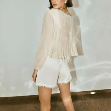 Ngdcseo Women Blouse-Long Sleeve Boho Pleated Front Tie Solid Loose Fit Casual Tie Knot Y2k Lace Up Bow Going Out Top (US, Alpha, Small, Regular, Regular, Apricot)