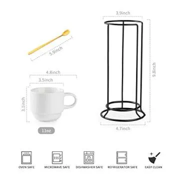 YHOSSEUN Porcelain Coffee Mug Set With Metal Stand, Ceramic Cups with Espresso Spoons, 11 Ounce Mug ...