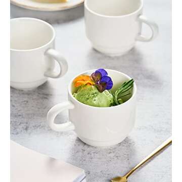 YHOSSEUN Porcelain Coffee Mug Set With Metal Stand, Ceramic Cups with Espresso Spoons, 11 Ounce Mug Set Perfect For Americano, Chocolate Drinks, Milk, Tea, Set of 4, White