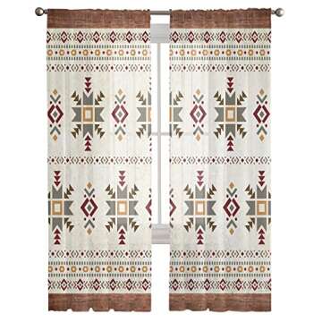 Hokiten Southwestern Sheer Curtains 84 Inch Length 2 Panels Set, Retro Ethnic Tribes Geometric Semi ...