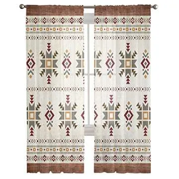 Hokiten Southwestern Sheer Curtains 84 Inch Length 2 Panels Set, Retro Ethnic Tribes Geometric Semi ...