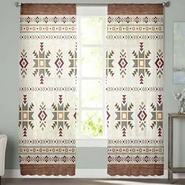 Hokiten Southwestern Sheer Curtains 84 Inch Length 2 Panels Set, Retro Ethnic Tribes Geometric Semi Sheer Curtain for Living Room, Beige Western Voile Window Curtains Sheer Drapes for Bedroom
