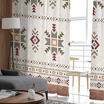 Hokiten Southwestern Sheer Curtains 84 Inch Length 2 Panels Set, Retro Ethnic Tribes Geometric Semi Sheer Curtain for Living Room, Beige Western Voile Window Curtains Sheer Drapes for Bedroom