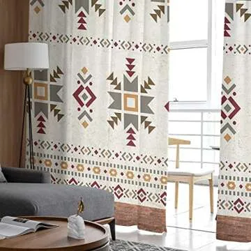 Hokiten Southwestern Sheer Curtains 84 Inch Length 2 Panels Set, Retro Ethnic Tribes Geometric Semi Sheer Curtain for Living Room, Beige Western Voile Window Curtains Sheer Drapes for Bedroom