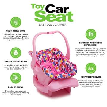 Joovy Toy Car Seat Baby Doll Carrier Featuring Crash-Tested Latch System for Safety, Machine-Washable Cover for Easy Cleaning, and Five-Point Harness - Fits Dolls 12” to 22”, Pink