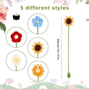 5pcs Sunflower Bookmark for Women, 5 Styles Crochet Flower Bookmarks Personalized Handmade Daisy Kni...
