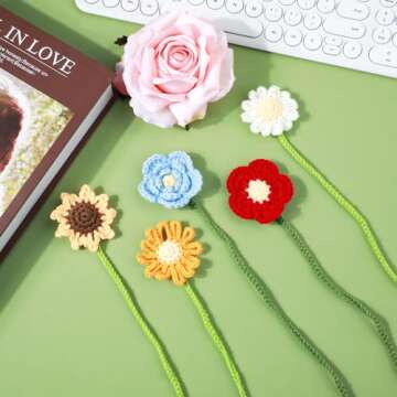 5pcs Sunflower Bookmark for Women, 5 Styles Crochet Flower Bookmarks Personalized Handmade Daisy Knitted Curtain Tie Car Pendant Gift for Book Lover Teacher