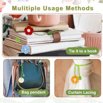 5pcs Sunflower Bookmark for Women, 5 Styles Crochet Flower Bookmarks Personalized Handmade Daisy Knitted Curtain Tie Car Pendant Gift for Book Lover Teacher