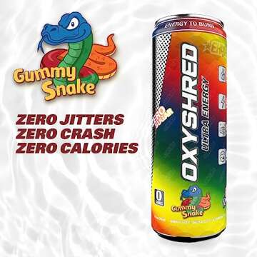 EHP Labs OxyShred Healthy Energy Drink - Zero Sugar Energy Drinks with Amino Acids, Green Tea Extract, Vitamin C & L Carnitine - Zero Carbs, Zero Calories, Clean Caffeine, Gummy Snake (12-Pack)