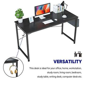 Foxemart 55" Computer Desk Modern Sturdy Office Desk 55 Inch Writing Study Desk Simple PC Laptop Notebook Table with Storage Bag and Iron Hook for Home Office Workstation, Black