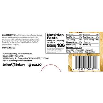 Julian Bakery Paleo Thin Protein Bar | Cookie Dough w/ Chocolate Chunks | 20g Protein | 4 Net Carbs | 12 Bars