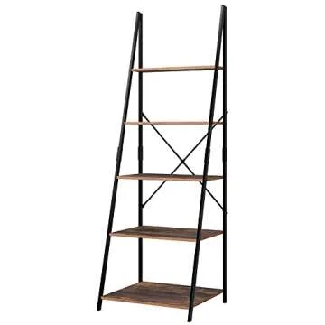 SOMY 5-Tier Bookshelf, Wood Bookcase with Metal Frame, Open Ladder Shelf, Flower Standing Shelf Units Storage Rack for Home Office Living Room Bathroom Vintage, Rustic Brown