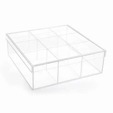 HOUSIM Clear Condiment Organizer and Tea Bag Holder, Acrylic Stash Box 9-Slot Clear Organizer with Lid for Snack Multi-Functional Tea Bag, Sugar Packet, Coffee Container Caddy Box