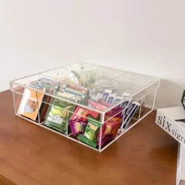 HOUSIM Clear Condiment Organizer and Tea Bag Holder, Acrylic Stash Box 9-Slot Clear Organizer with Lid for Snack Multi-Functional Tea Bag, Sugar Packet, Coffee Container Caddy Box