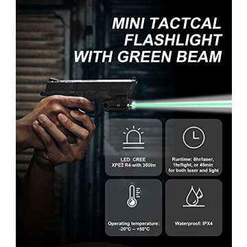 LIGHTWIN Green Laser Light Combo 350 Lumens Tactical Flashlight with USB Rechargeable for Pistols Handguns, Laser Sights Pistol Light, Fit Picatinny Rail