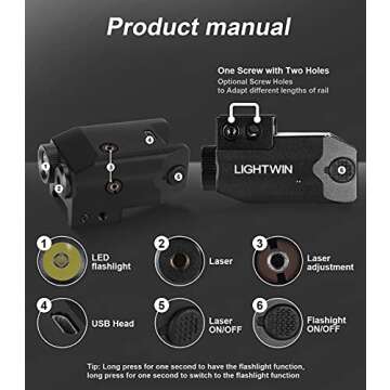 LIGHTWIN Green Laser Light Combo 350 Lumens Tactical Flashlight with USB Rechargeable for Pistols Handguns, Laser Sights Pistol Light, Fit Picatinny Rail