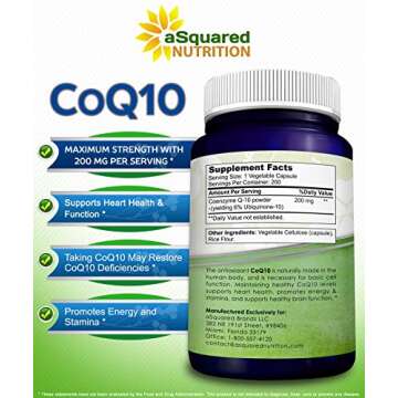 aSquared Nutrition CoQ10 (200 Capsules and 200mg) - High Absorption Vegan CO Q-10 Powder - Enzyme Ubiquinone Supplement Pills, Extra Antioxidant Coenzyme Q10 Vitamin, Coq 10 Alernative to Softgels