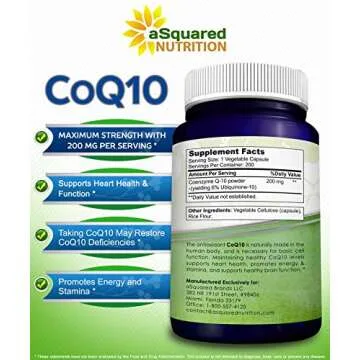 aSquared Nutrition CoQ10 (200 Capsules and 200mg) - High Absorption Vegan CO Q-10 Powder - Enzyme Ubiquinone Supplement Pills, Extra Antioxidant Coenzyme Q10 Vitamin, Coq 10 Alernative to Softgels