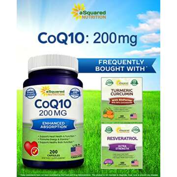 aSquared Nutrition CoQ10 (200 Capsules and 200mg) - High Absorption Vegan CO Q-10 Powder - Enzyme Ubiquinone Supplement Pills, Extra Antioxidant Coenzyme Q10 Vitamin, Coq 10 Alernative to Softgels