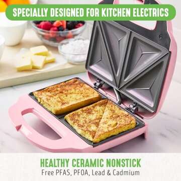 GreenLife Pro Electric Panini Press Grill and Sandwich Maker, Healthy Ceramic Nonstick Plates,Easy Indicator Light, PFAS-Free, Pink