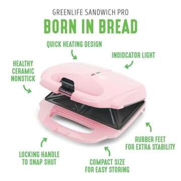 GreenLife Pro Electric Panini Press Grill and Sandwich Maker, Healthy Ceramic Nonstick Plates,Easy Indicator Light, PFAS-Free, Pink