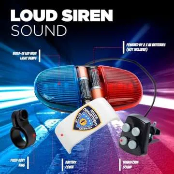 Kids Tech Bike LED Light - Police Sound Light Electronic Horn - Bicycle Siren, 5 LED Light 4 Sounds Trumpet, Warning Safety Light, Waterproof Bicycle Lights Accessories, (Batteries Not Included)