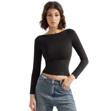 SUUKSESS Women Crew Neck Long Sleeve T Shirts Double Lined Tight Fitted Crop Top (Black,L)