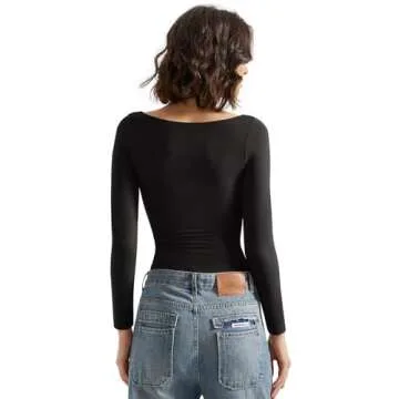 SUUKSESS Women Crew Neck Long Sleeve T Shirts Double Lined Tight Fitted Crop Top (Black,L)