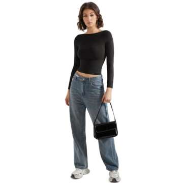 SUUKSESS Women Crew Neck Long Sleeve T Shirts Double Lined Tight Fitted Crop Top (Black,L)