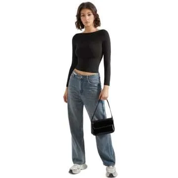 SUUKSESS Women Crew Neck Long Sleeve T Shirts Double Lined Tight Fitted Crop Top (Black,L)