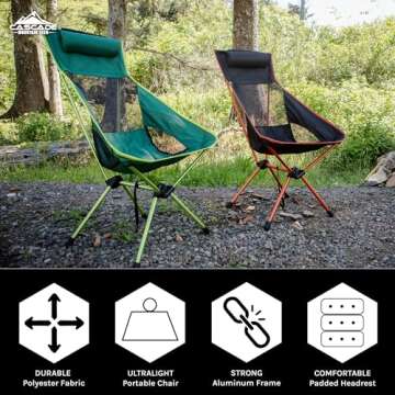 Cascade Mountain Tech Camp Chair - High Back Ultralight for Backpacking, Camping, Sporting Events, Beach, and Picnics with Carry Bag