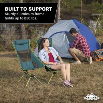 Cascade Mountain Tech Camp Chair - High Back Ultralight for Backpacking, Camping, Sporting Events, Beach, and Picnics with Carry Bag