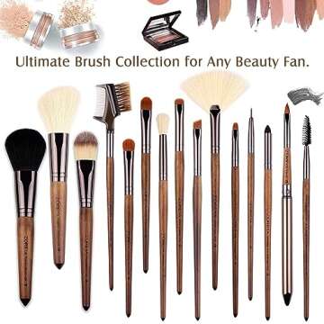 Makeup Brush Set, 15pcs Unique Walnut Makeup Brushes with Vegan Leather Bag, Professional No Shed Tan Makeup Brushes