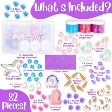 Sensationally OT Unicorn Sensory Dough Kit (3 Jars) Non-Toxic Dough with Unicorn Cutters, Charms, Rainbow, Pom Poms, Diamonds, Gems, and Stackable Storage - Perfect for Creative Play and Gift for Kids
