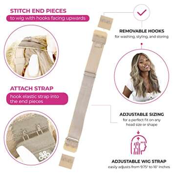 Milano Adjustable Elastic Wig Band with Hooks for Secure Fit & Comfort for Wigs and Lace Front Wigs - Wig Strap, Headband, & Wig Grip Accessories, Tan