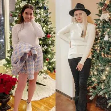 OUGES Women's White Sweaters 2023 Fall Fashion Tops Turtleneck Knit Long Sleeve Shirts (White, M)