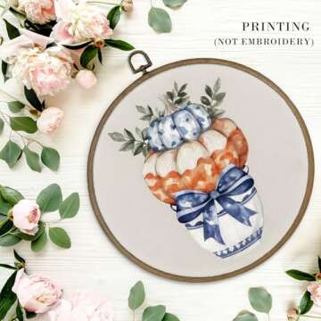 MAQIKA Fall Pumpkin Framed Wall Art Decor, Chinoiserie Decor, Fall Wall Decor, Blue and White Round Wall Hanging Decor, Pumpkin Decor Canvas Prints Art for Living Room Bathroom Kitchen, 10x10 Inch