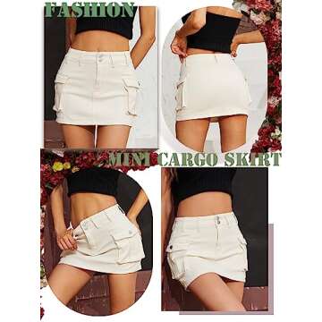 Low Waist Cargo Skirt Women Button Mini Cargo Denim Skirt with Pocket Mini Skirt Beige