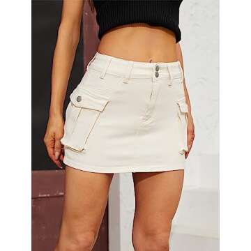 Low Waist Cargo Skirt Women Button Mini Cargo Denim Skirt with Pocket Mini Skirt Beige